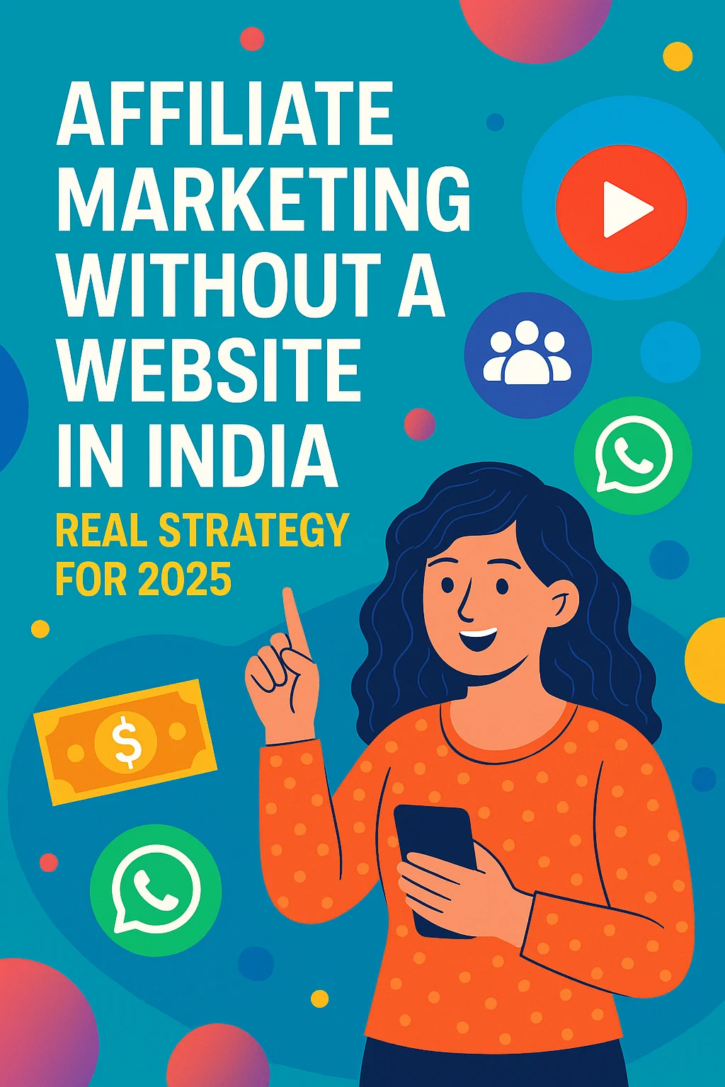 Colorful digital graphic illustration promoting affiliate marketing without a website in India, showcasing various platforms like Instagram, YouTube, WhatsApp, and Telegram as tools for earning passive income in 2025.