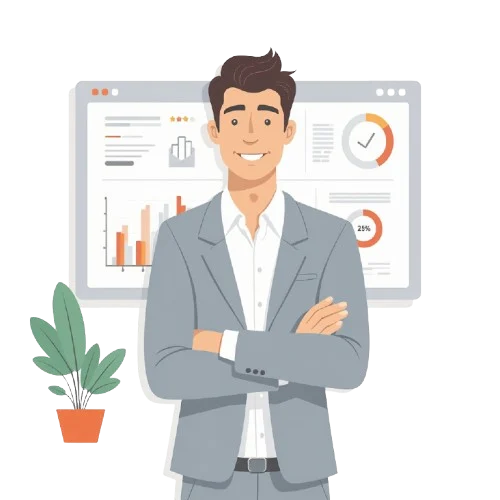 Flat vector illustration of a confident small business owner in a suit standing in front of a digital strategy dashboard featuring graphs, SEO icons, paid advertising symbols, and email marketing visuals. The clean, modern design emphasizes Digital Strategy and Planning Services for small businesses