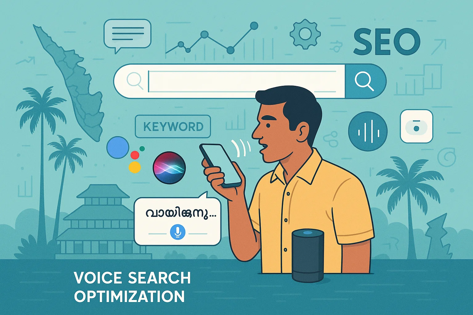 "Voice Search SEO for Malayalam Websites showing a person in Kerala using voice assistant technology with Malayalam text, SEO icons, and local elements