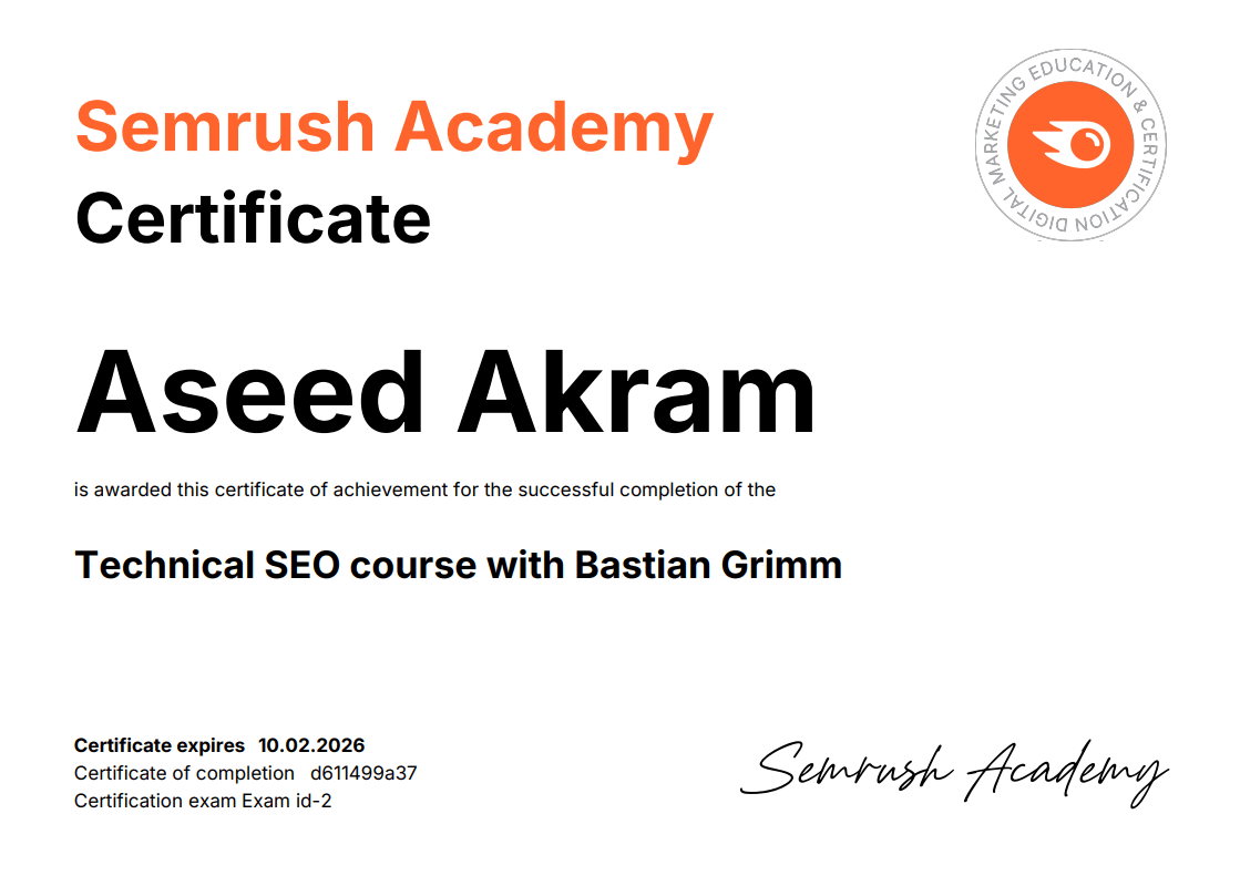 certificate of Technical SEO Course with Bastian Grimm aseed akram