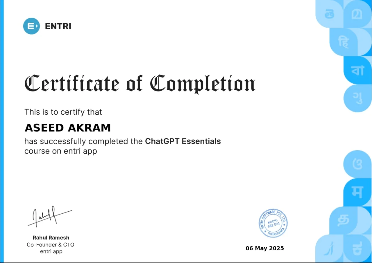 entri certificate of chat gpt essentials aseed aram
