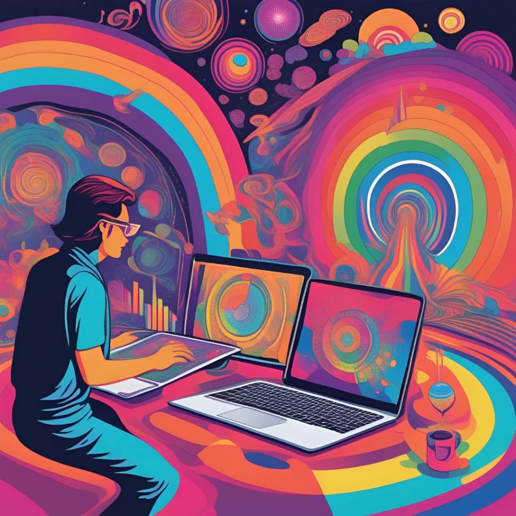 A person sits at a desk with two laptops displaying colorful, abstract graphics. One laptop shows a pie chart, possibly representing data analysis related to Lead Generation and Conversion. The overall image has a vibrant, psychedelic style.